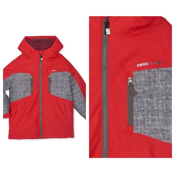 Swiss Tech Boys 4-in-1 Systems Hooded Puffer Red Zip Outerwear Jacket SZ Large - Picture 1 of 4